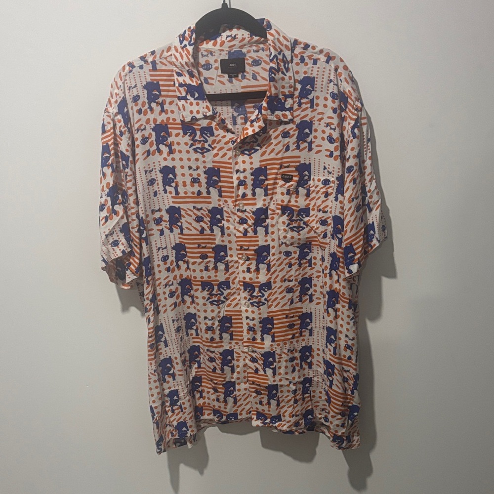 Obey Men's Pop Art Eyes Patterned Button Up Shirt Polo XL Blue and Orange